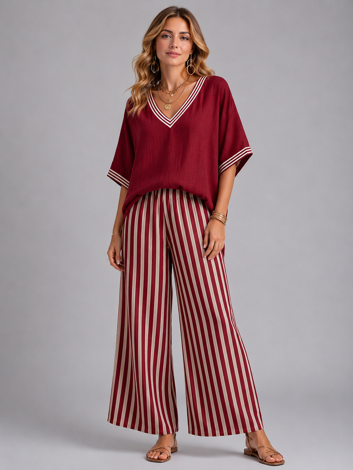 Women's Linen-Look Two-Piece Set with Striped Trousers