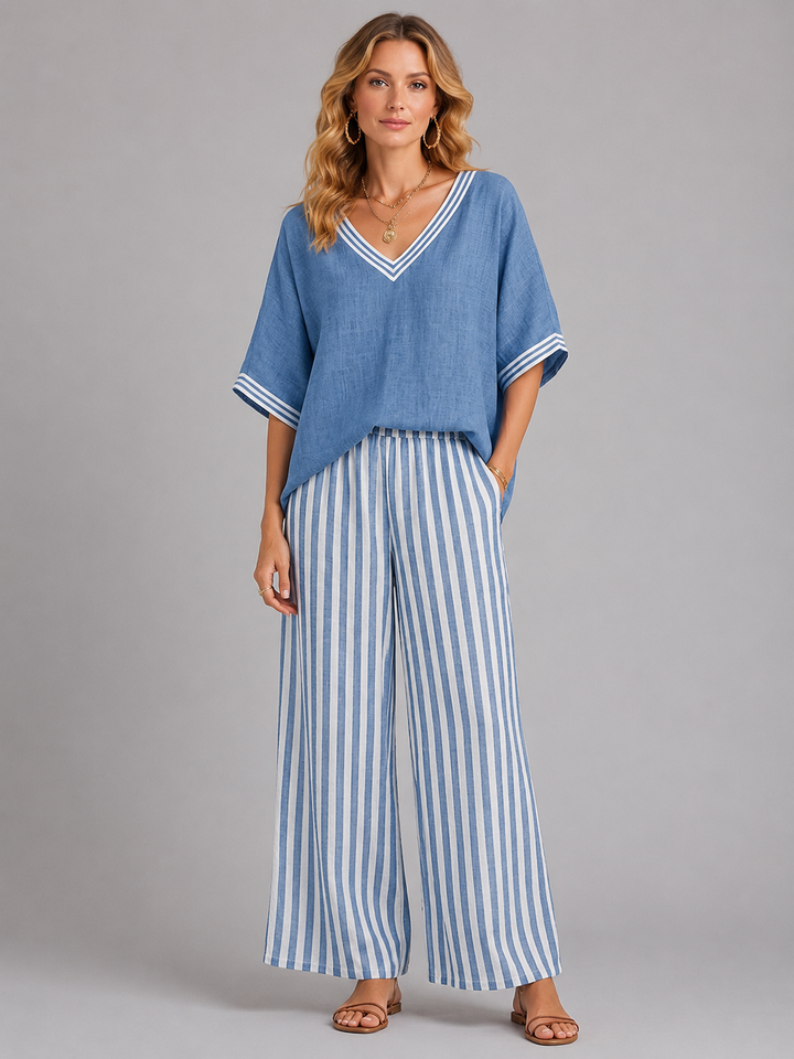 Women's Linen-Look Two-Piece Set with Striped Trousers