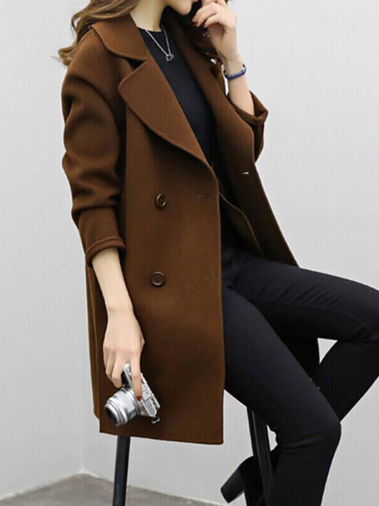 Women's Longline Coat with Double-Breasted Lapels for Work