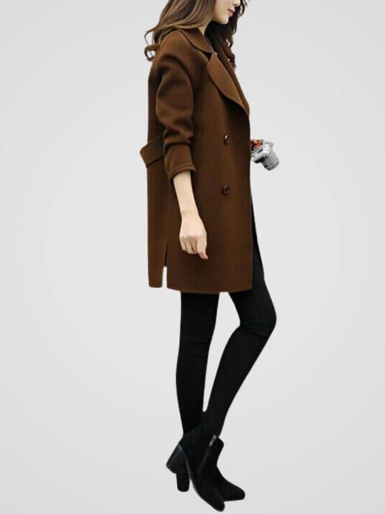 Women's Longline Coat with Double-Breasted Lapels for Work