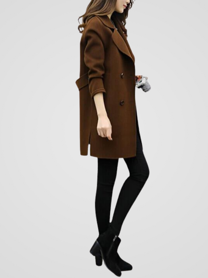 Women's Longline Coat with Double-Breasted Lapels for Work