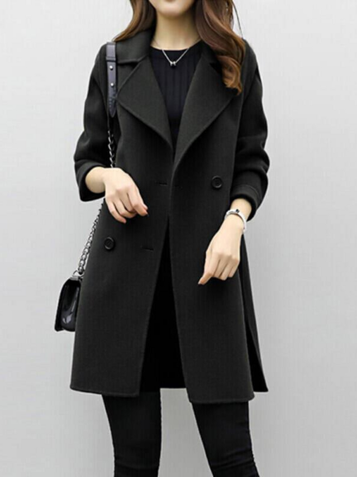Women's Longline Coat with Double-Breasted Lapels for Work