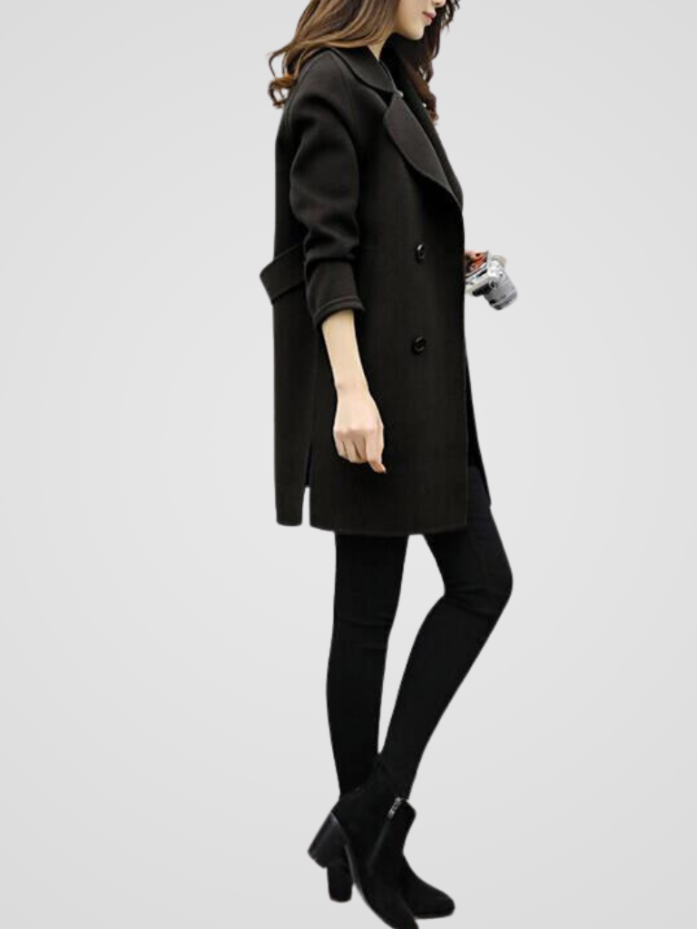 Women's Longline Coat with Double-Breasted Lapels for Work