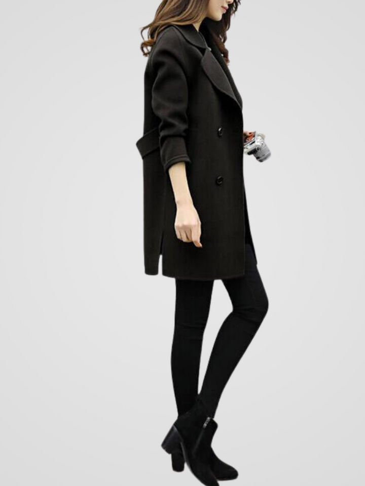 Women's Longline Coat with Double-Breasted Lapels for Work