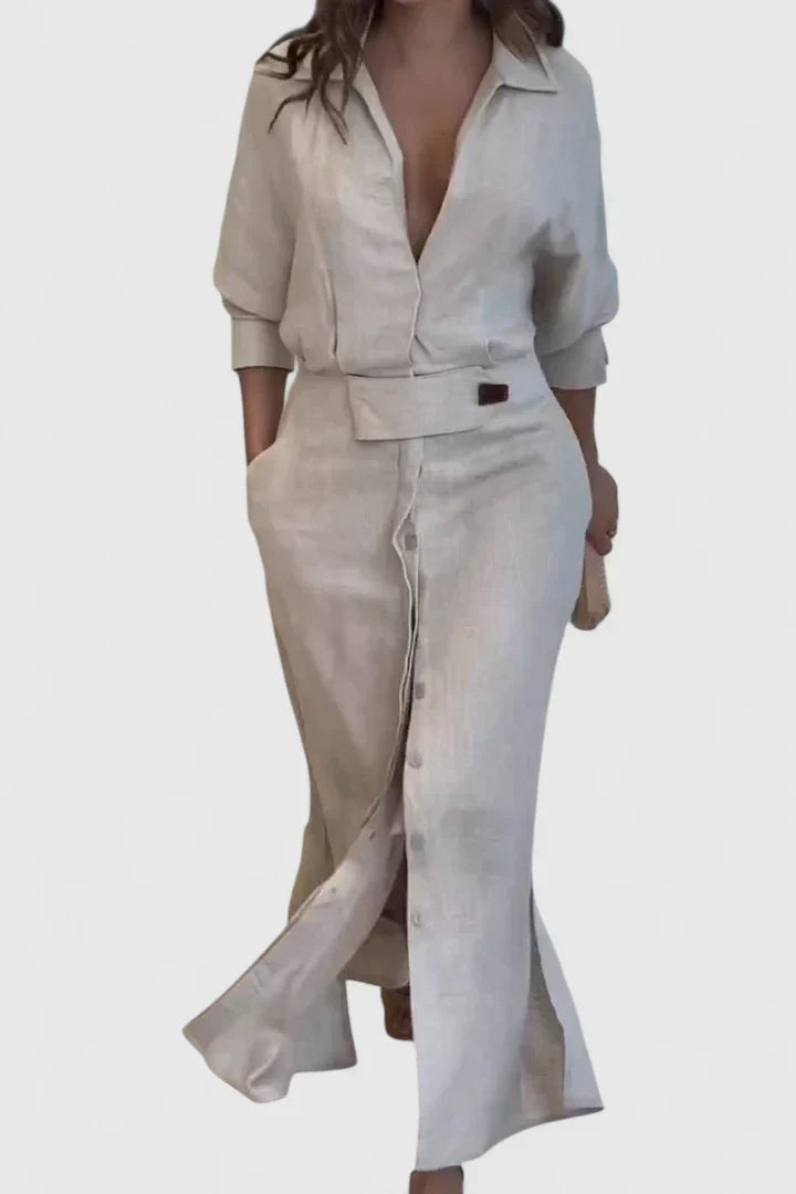 Women's Maxi Dress with V-neck Belt for Summer Days