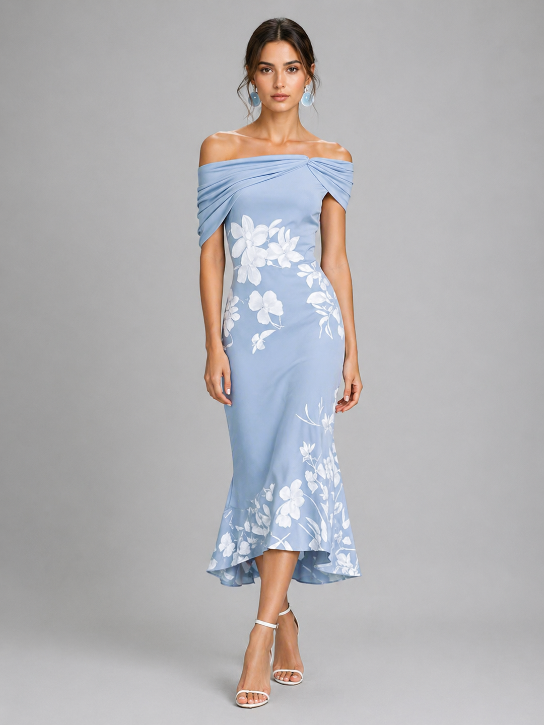 Women’s Off-Shoulder Floral Midi Dress with Draped