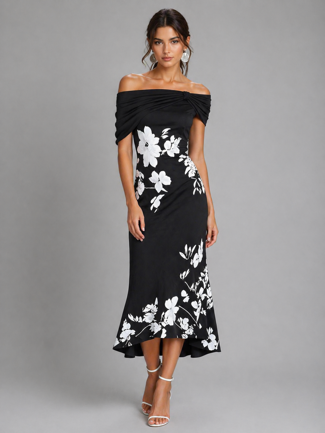 Women’s Off-Shoulder Floral Midi Dress with Draped