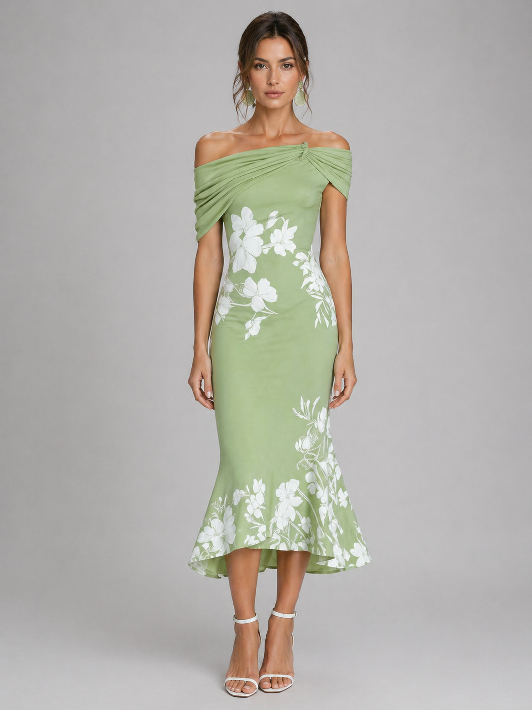 Women’s Off-Shoulder Floral Midi Dress with Draped