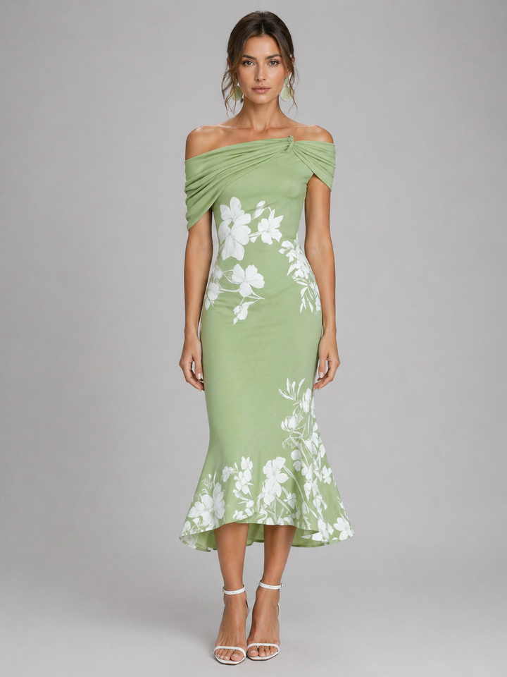 Women’s Off-Shoulder Floral Midi Dress with Draped