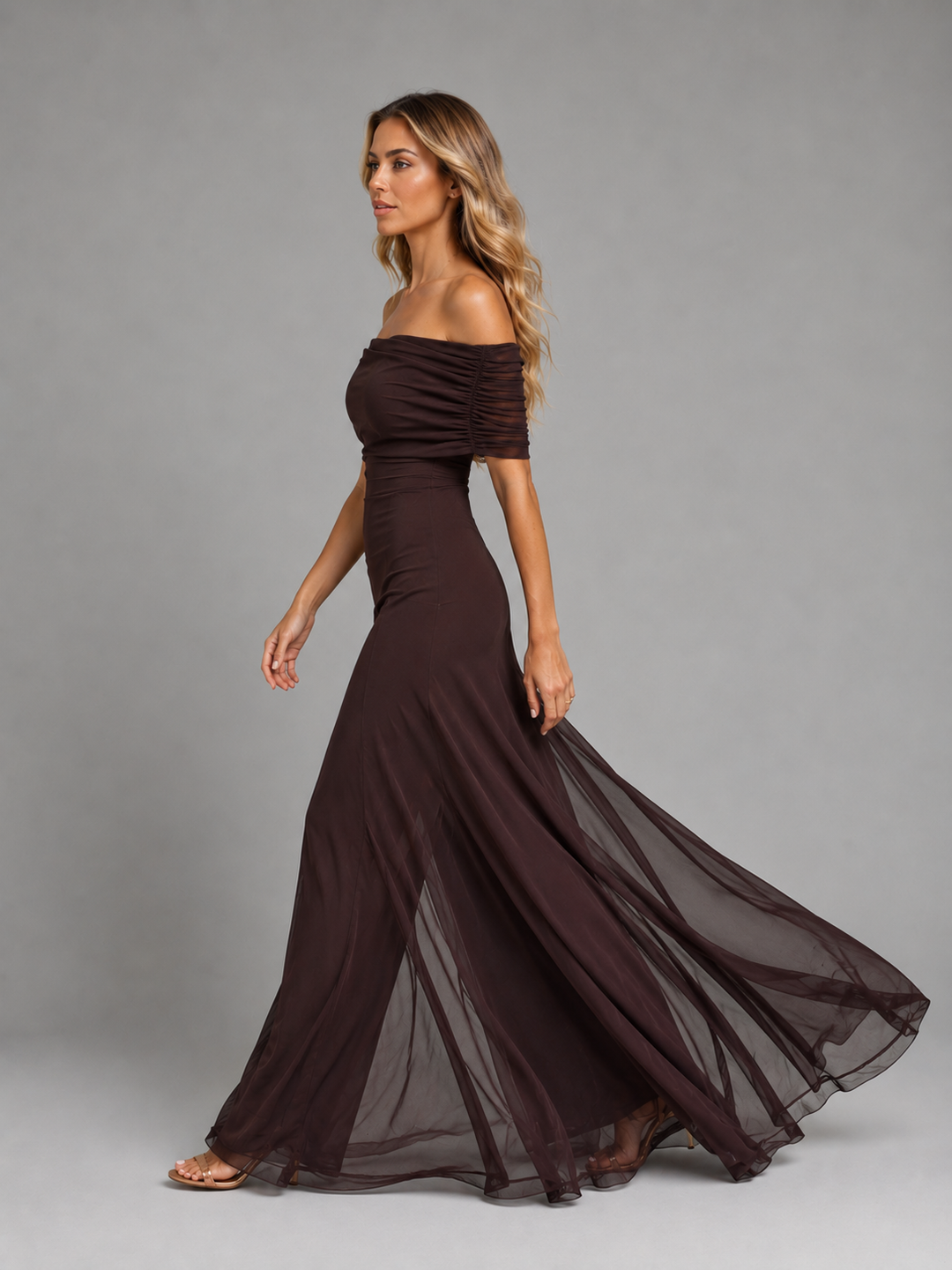 Women's Off-Shoulder Maxi Dress with Flowing Overlay