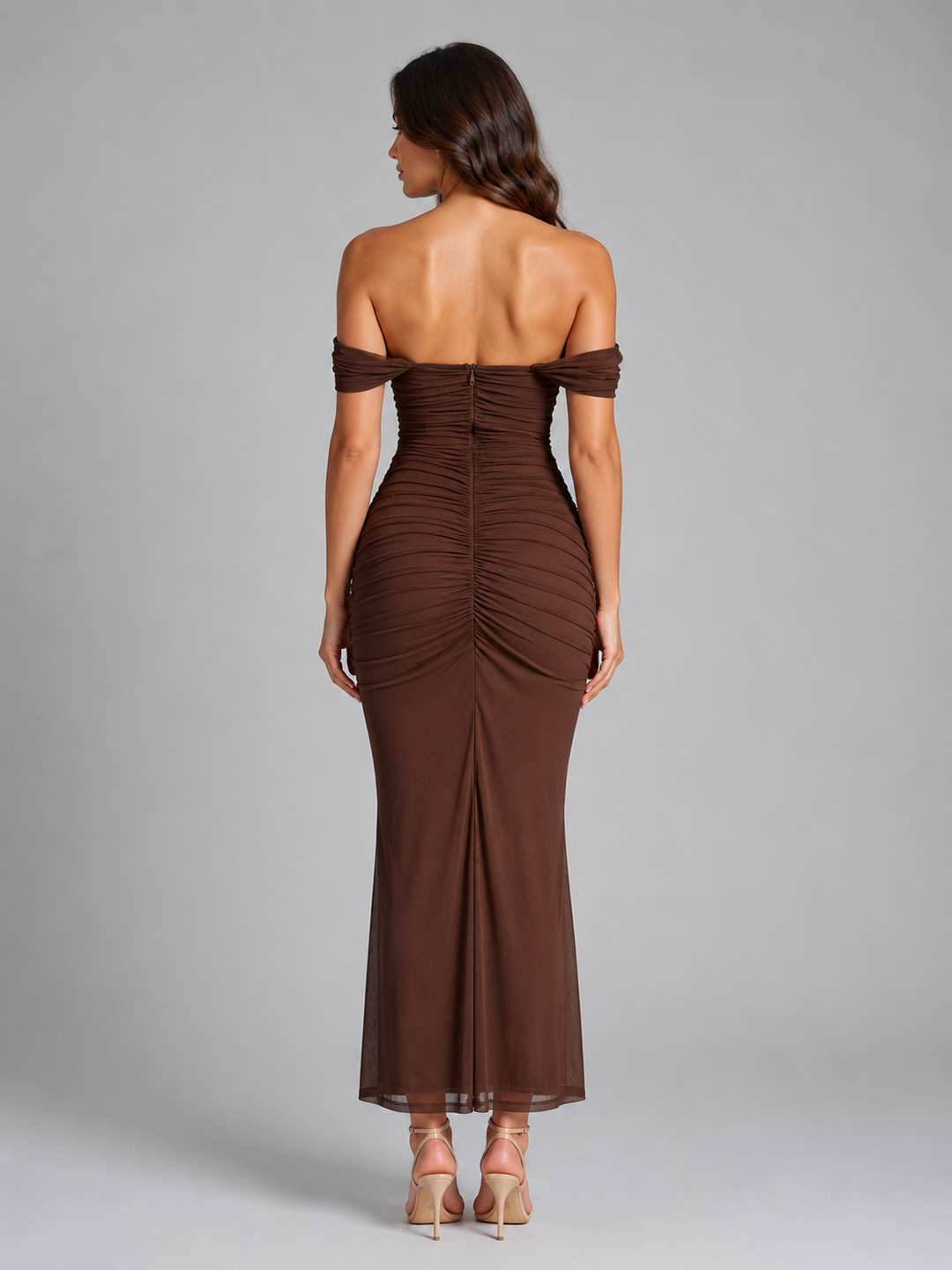 Women’s Off-Shoulder Maxi Dress with Ruched Silhouette