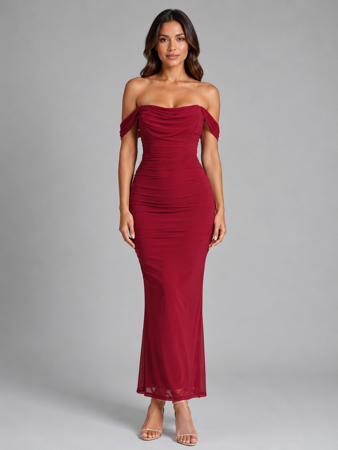 Women’s Off-Shoulder Maxi Dress with Ruched Silhouette