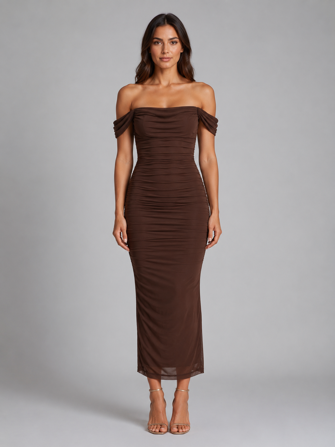 Women’s Off-Shoulder Maxi Dress with Ruched Silhouette