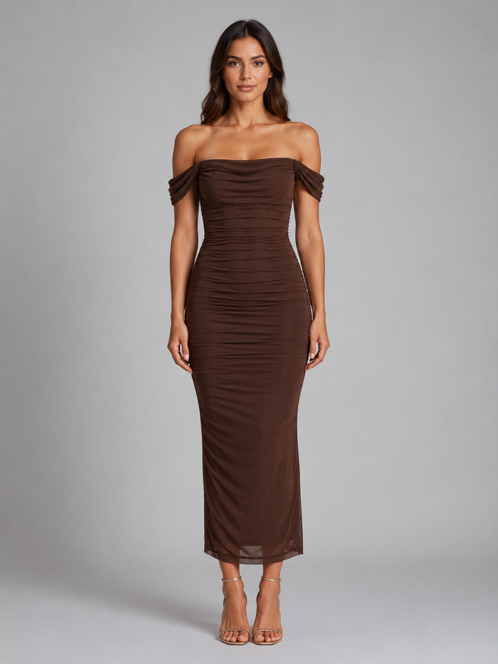 Women’s Off-Shoulder Maxi Dress with Ruched Silhouette