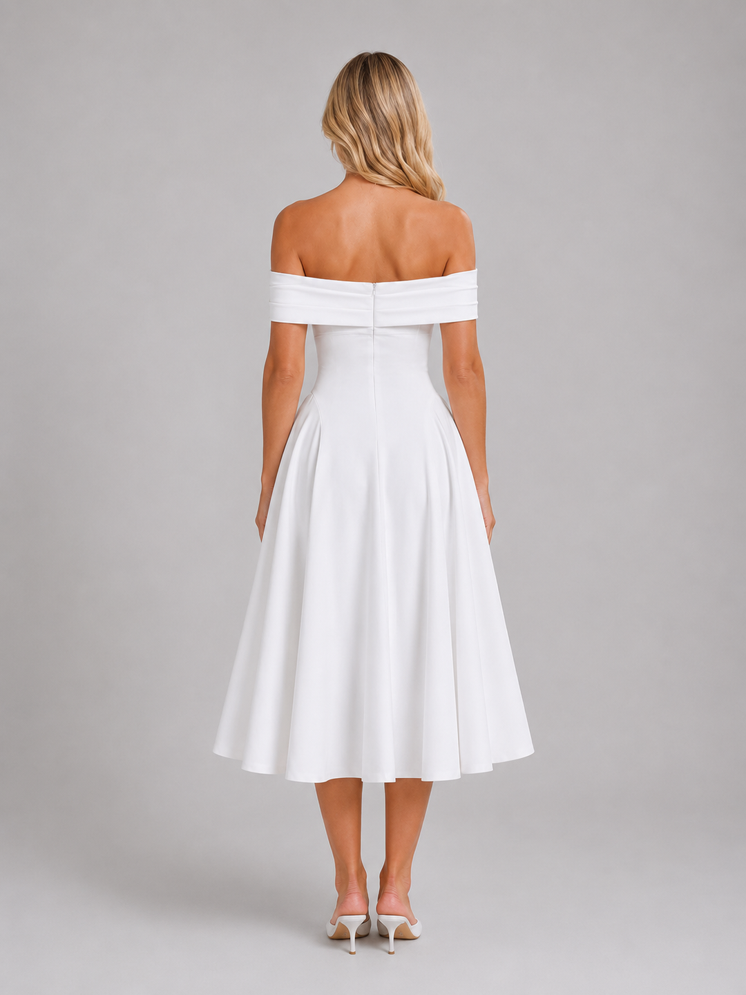 Women’s Off-Shoulder Midi Dress with Pleated Details
