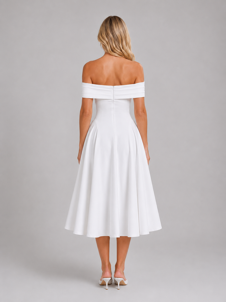 Women’s Off-Shoulder Midi Dress with Pleated Details