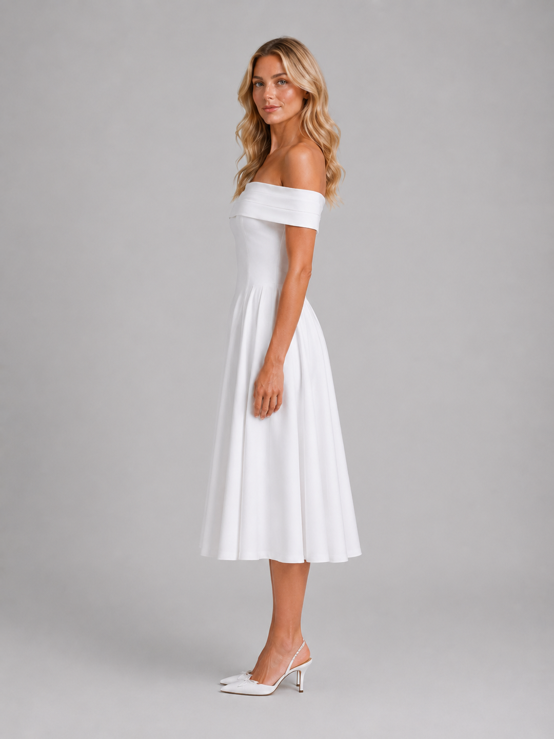 Women’s Off-Shoulder Midi Dress with Pleated Details