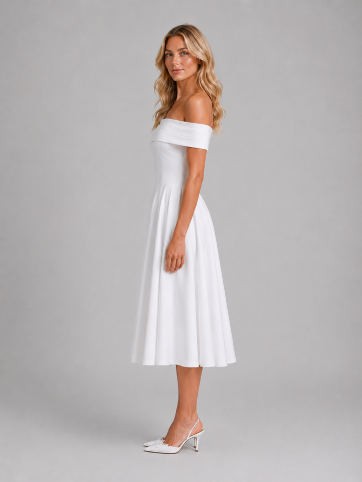 Women’s Off-Shoulder Midi Dress with Pleated Details