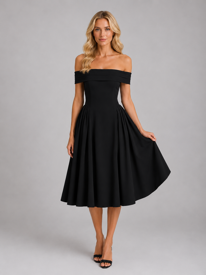 Women’s Off-Shoulder Midi Dress with Pleated Details
