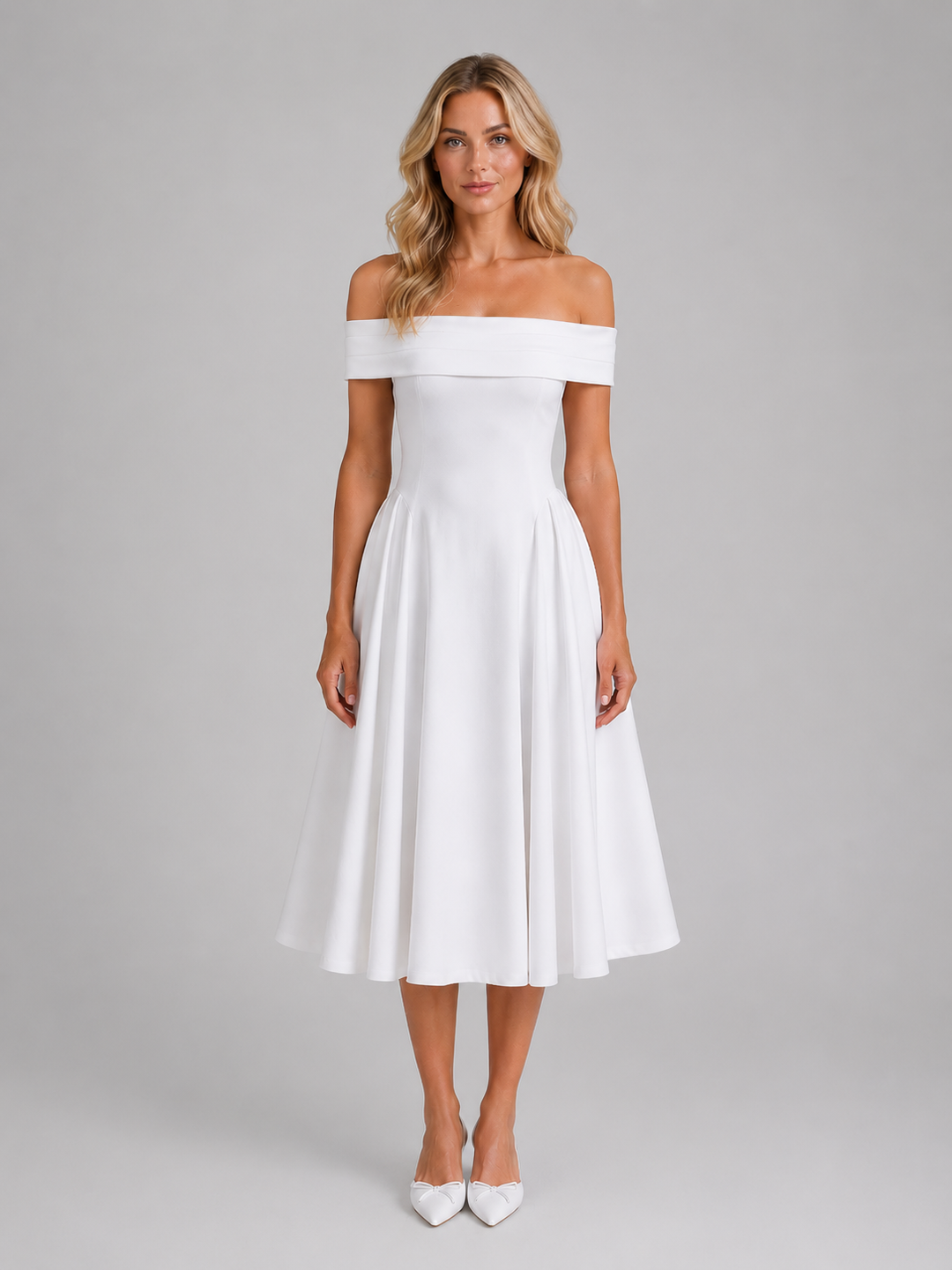 Women’s Off-Shoulder Midi Dress with Pleated Details