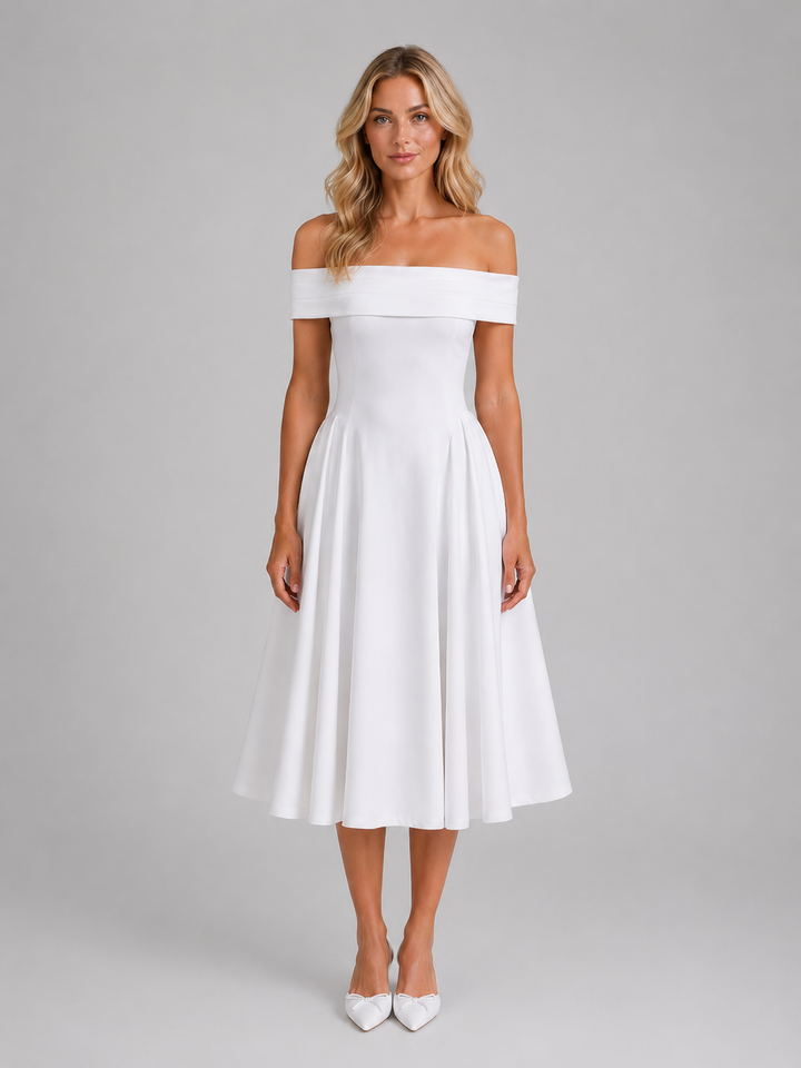 Women’s Off-Shoulder Midi Dress with Pleated Details
