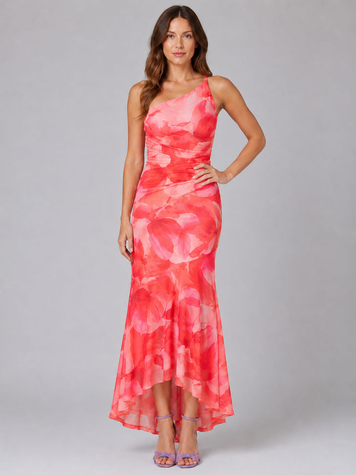 Women’s One Shoulder Maxi Dress with Flowers