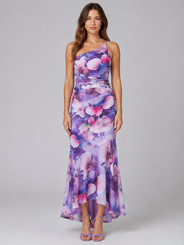 Women’s One Shoulder Maxi Dress with Flowers