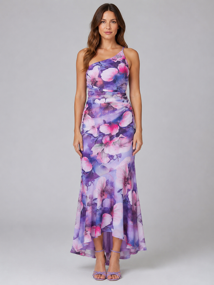 Women’s One Shoulder Maxi Dress with Flowers
