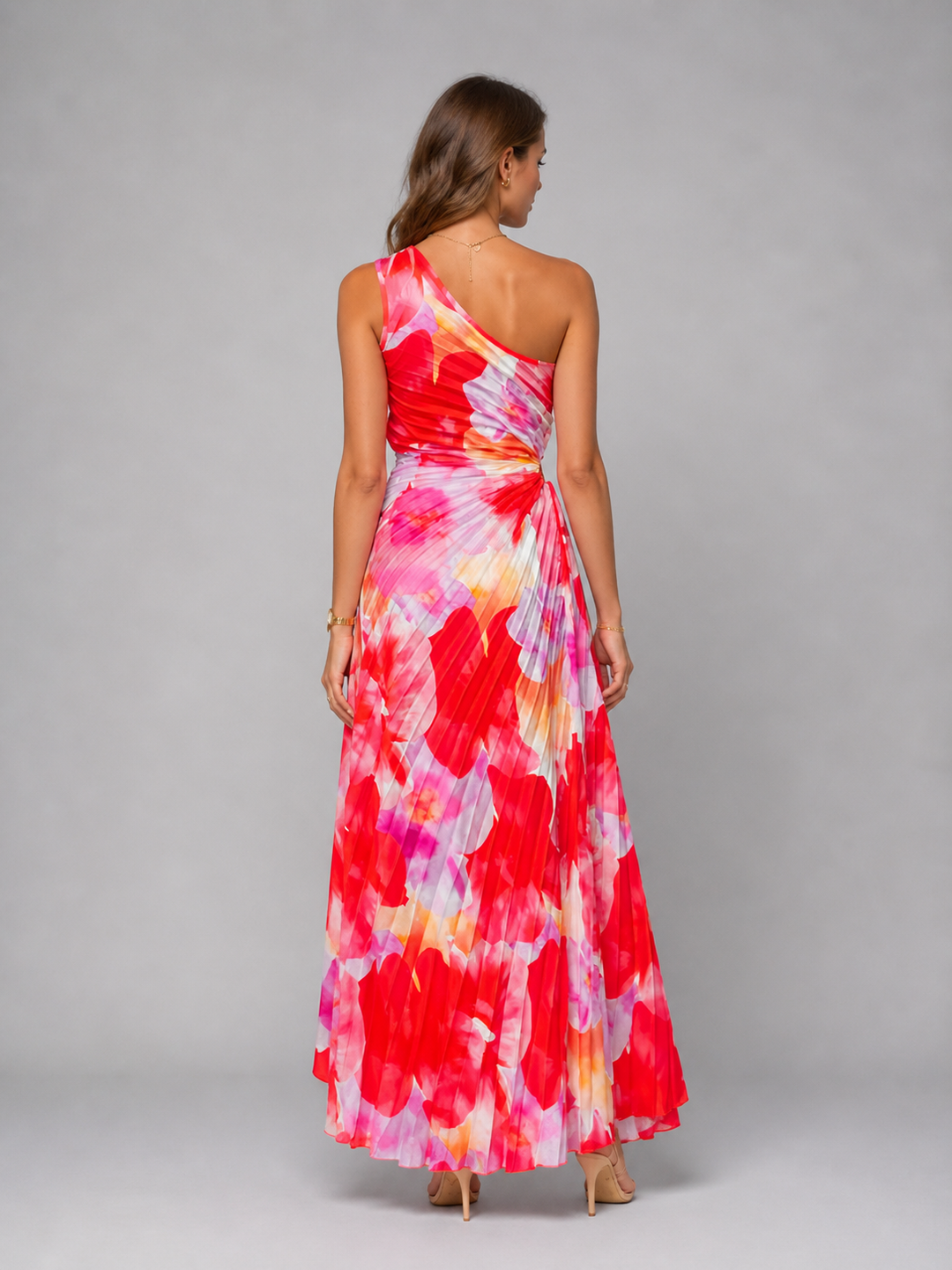 Women’s One-Shoulder Pleated Maxi Dress with Print