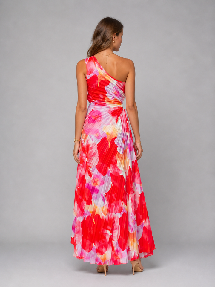 Women’s One-Shoulder Pleated Maxi Dress with Print
