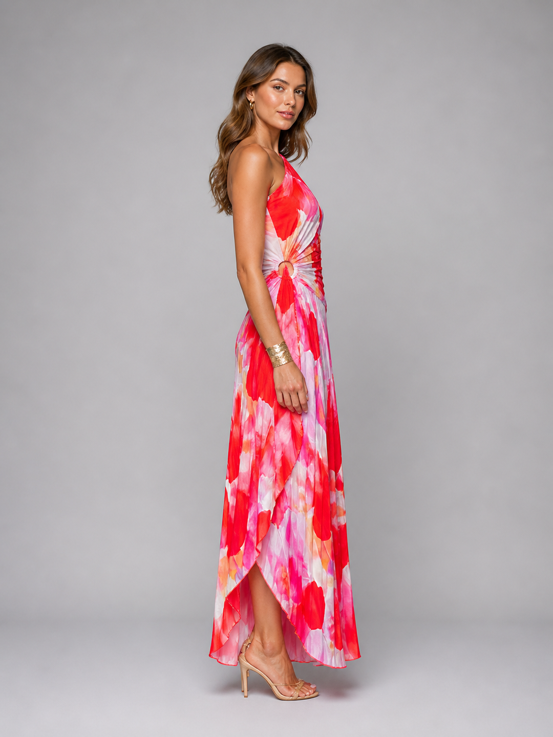 Women’s One-Shoulder Pleated Maxi Dress with Print