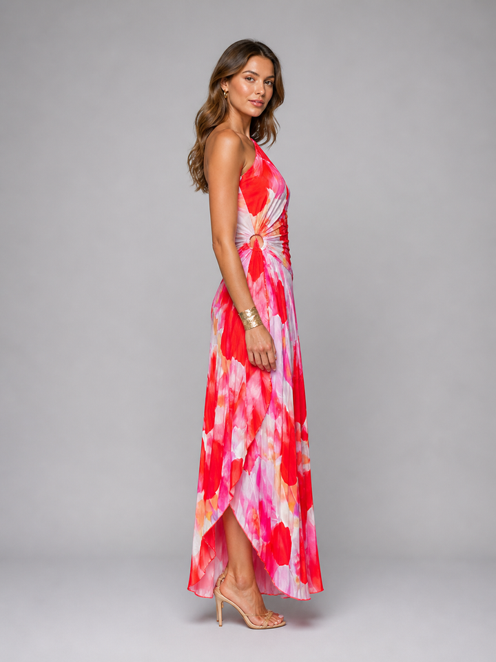 Women’s One-Shoulder Pleated Maxi Dress with Print