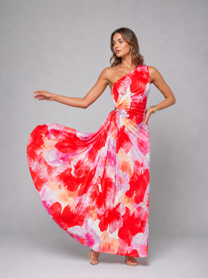 Women’s One-Shoulder Pleated Maxi Dress with Print