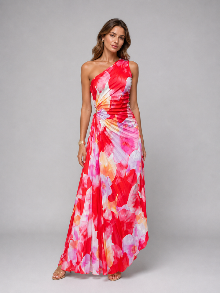 Women’s One-Shoulder Pleated Maxi Dress with Print