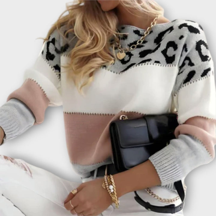 Women's Panther Print Jumper with Grey Knit for Winter