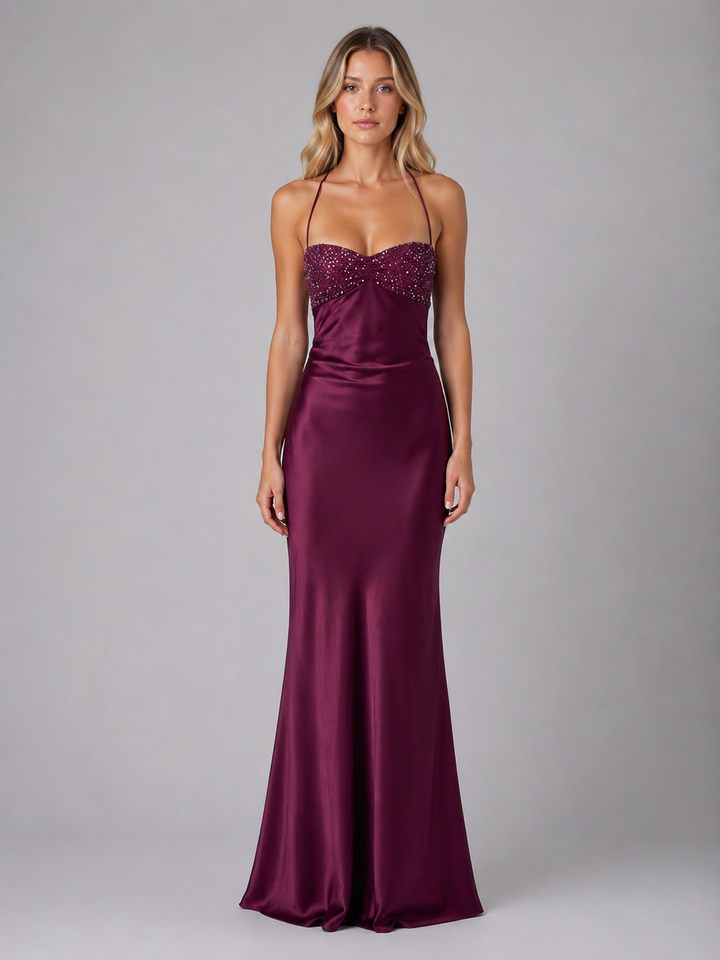Women’s Pearl Beaded Maxi Dress with Halter