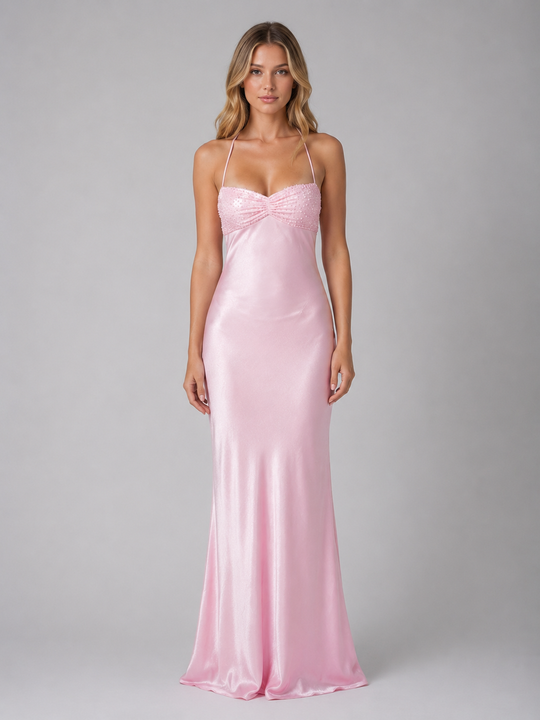 Women’s Pearl Beaded Maxi Dress with Halter