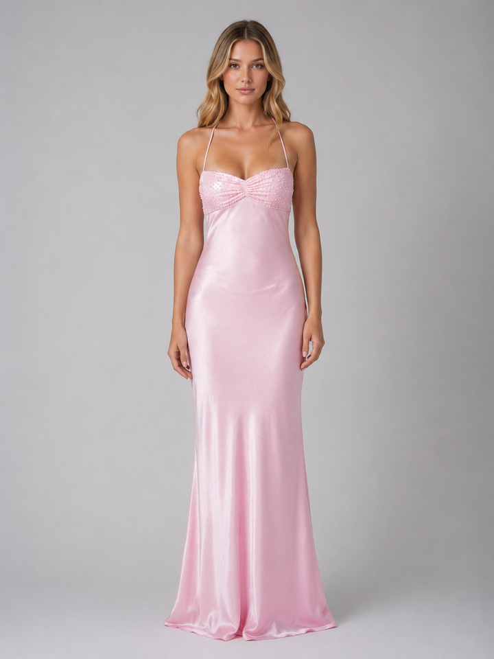 Women’s Pearl Beaded Maxi Dress with Halter