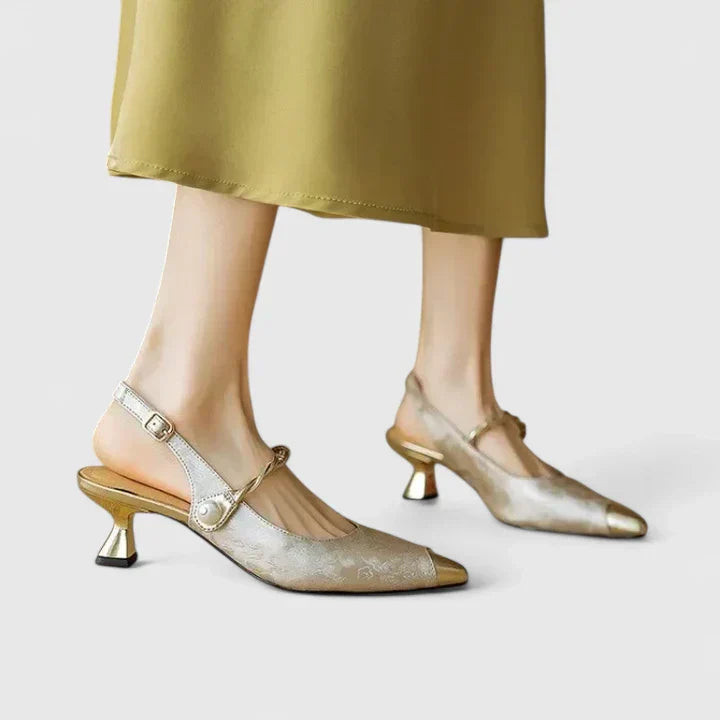 Women's Pearl-Strap Heels with Jacquard Texture for Evening