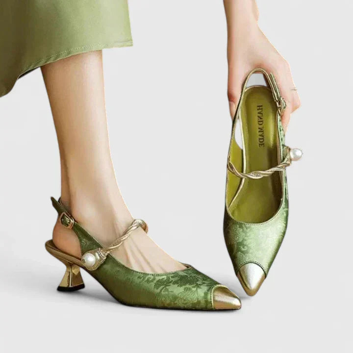 Women's Pearl-Strap Heels with Jacquard Texture for Evening