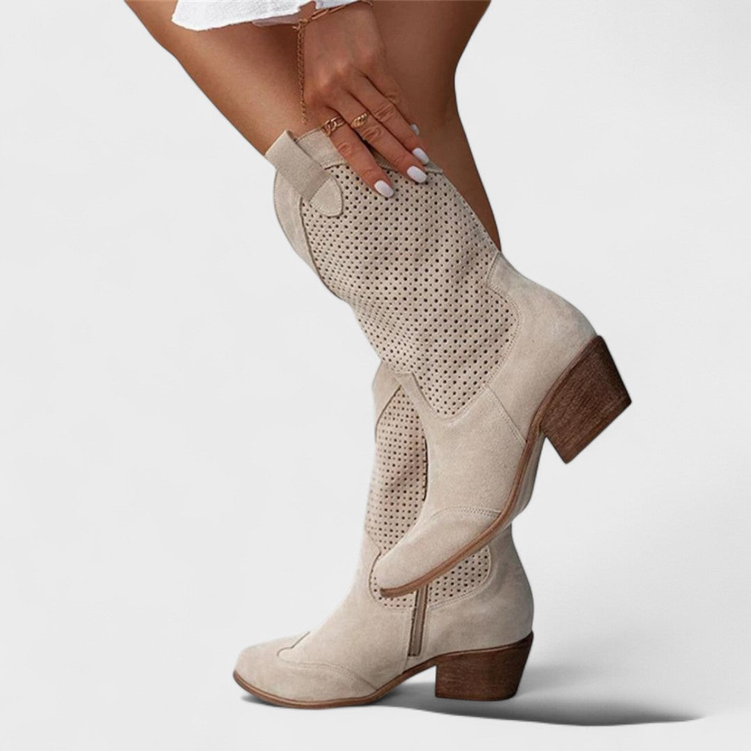 Women's Perforated Cowboy Boots with Western Design for Everyday Wear