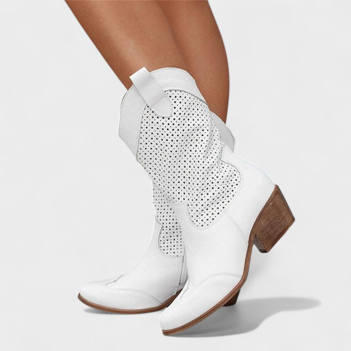 Women's Perforated Cowboy Boots with Western Design for Everyday Wear