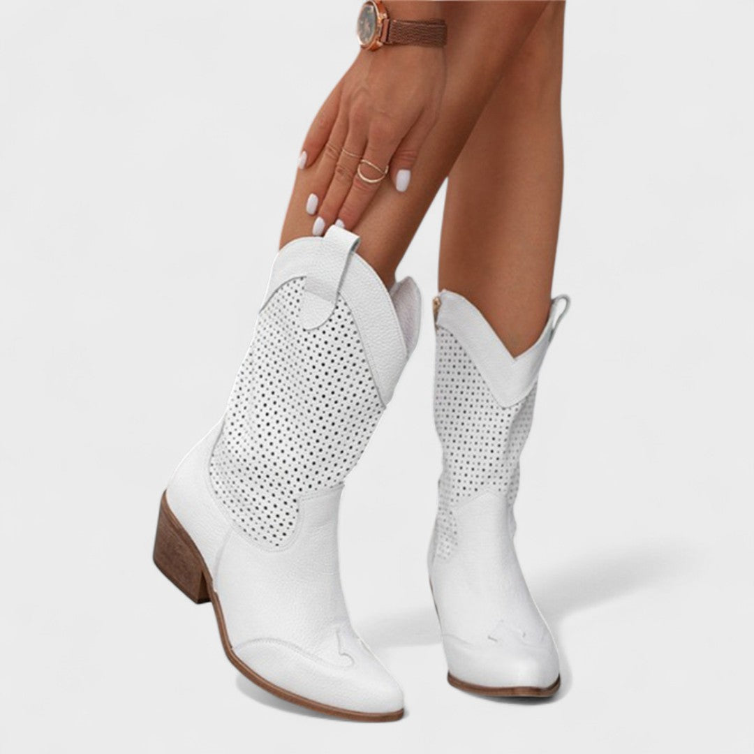Women's Perforated Cowboy Boots with Western Design for Everyday Wear