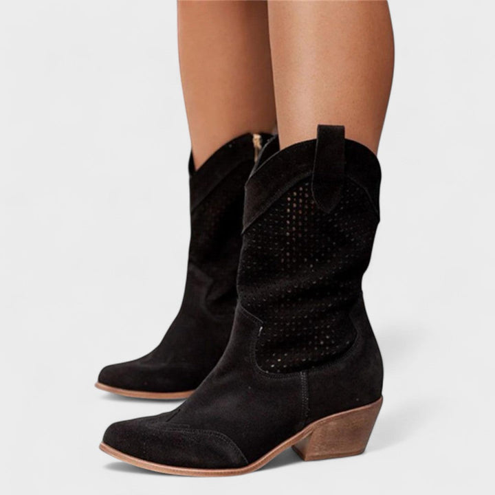 Women's Perforated Cowboy Boots with Western Design for Everyday Wear