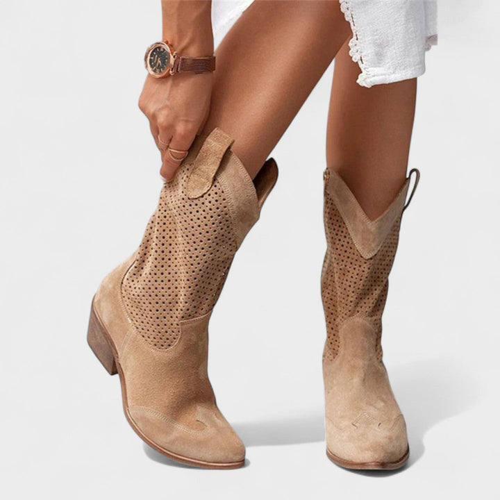 Women's Perforated Cowboy Boots with Western Design for Everyday Wear