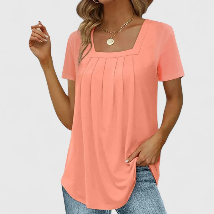 Women's Pleated Blouse with Square Neckline for Warm Days
