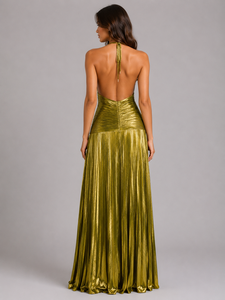 Women’s Pleated Halter Maxi Dress with Split
