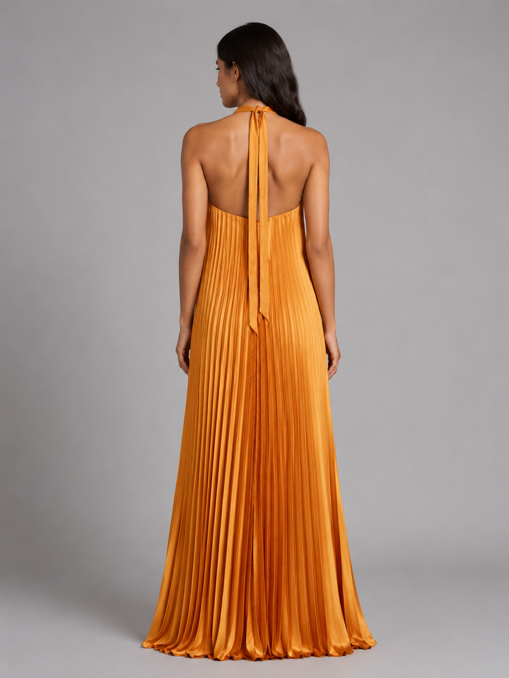 Women’s Pleated Halterneck Maxi Dress with Tie