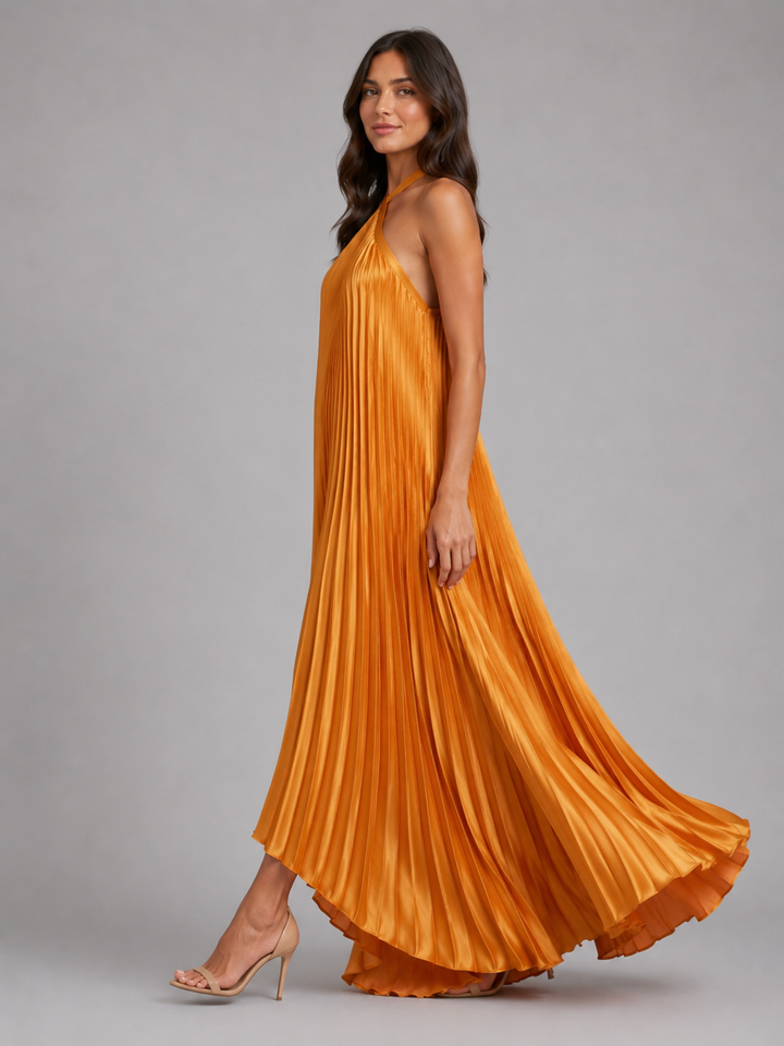 Women’s Pleated Halterneck Maxi Dress with Tie