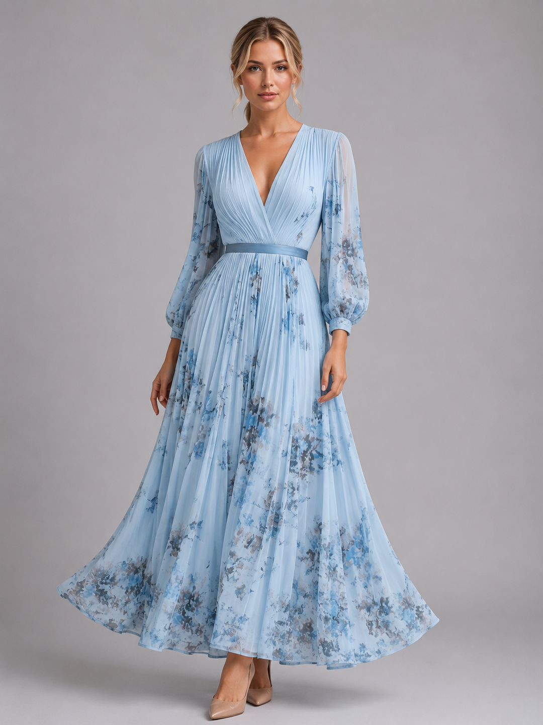 Women’s Pleated Maxi Dress with Floral Print